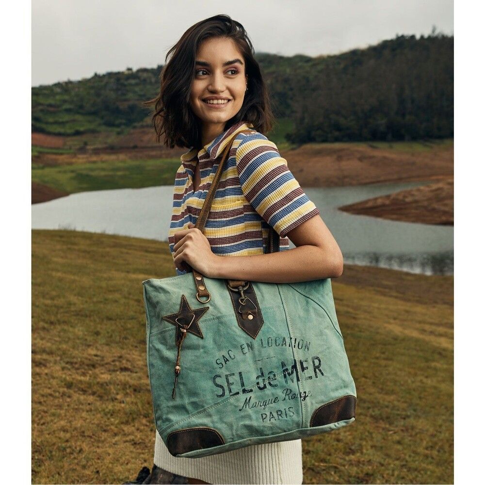 Myra Bag Handmade Astra Tote Bag Upcycled Canvas & Cowhide Leather
